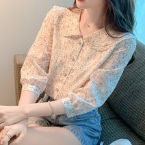 도니와 여성 이중카라 7부소매 꽃무늬블라우스 예쁜블라우스 봄블라우스 데이트룩 여름블라우스 플라워블라우스 직장인블라우스 데일리룩 더블카라 편한블라우스 출근패션 캠퍼스룩 소개팅룩