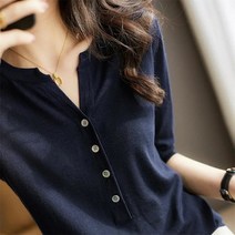 이유무무 여성 브이컷 반팔 니트 티셔츠