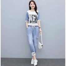 Momolatti 여성 고무줄 날염 묵히다 데님 세트