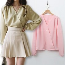 8842 (국내산) 쉬폰 프릴 블라우스 셔링 언발 랩 퍼프소매 여성 봄 가을 간절기