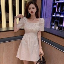 휴양지 해외여행 동남아 원피스드레스 여성 퍼프 슬리브 솔리드 여
