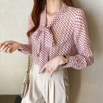 미미앤느 여성 러블리 복고 땡땡이 도트무늬 나비 리본 매듭 긴팔 쉬폰 셔츠 블라우스