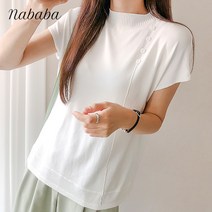 나바바 NK234 아이스 쿨원단 여성 버튼장식 라운드넥 캡소매 니트티