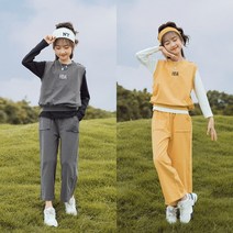 [삐삐네옷가게] 여아 주니어 빈티지조끼바지 3종 봄 가을 긴팔 조끼 세트 와이드 빈티지 긴바지 상하복 주니어 초등학생 일상 활동 여행 캠핑
