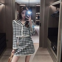 트위드 투피스 세트 하운드투스 여성 미니 스커트 카라 크롭 체크