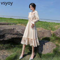 vsyoy 2023 봄 새로운 프랑스 베이지 색 긴 소매 쉬폰 드레스 여성의 높은 허리 슬림 기질 v-neck 스윙