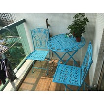 철제 야외테이블 세트 2인용 접이식 가든 테라스 탁자 의자 티테이블, 블루 테이블1개 의자2개