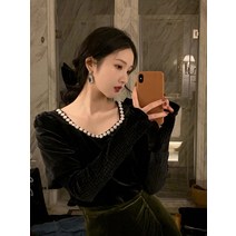 검정색긴팔셔츠 프렌치 벨벳 블랙 상의 여성 고급 숏 스퀘어넥 디자인감각 시크 고퀄리티 이너웨어 3578024278