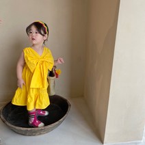 PigPug 한국 아동복 21 여름 여자 원피스 순색 민소매 면 스커트 리본 조끼 스커트