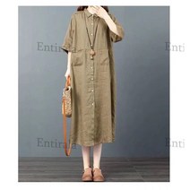 Entirala 면 마 원피스 여름 셔츠 원피스 헐렁한 빅 사이즈의 빈티지 터치의 미디 셔츠 스커트
