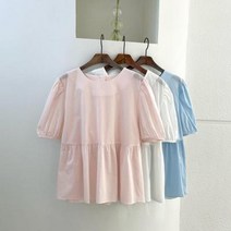 여자 반오픈 라운드넥 포인트 블라우스.옷자락(무료배송)