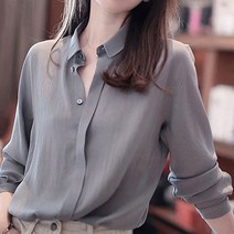 스퀘어 넥 블라우스 셔링 패션 여름 의류 칼라 버튼 뽕나무 실크 셔츠얇은 솔리드 긴 소매 보호