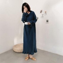 셀프웨딩드레스 2부드레스 대여 코튼 여성 드레스 귀여운 체리 프린트 긴 소매 버튼 업 한국 맥시 편안한 홈웨어 dress