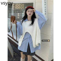 vsyoy 봄과 가을 디자인 센스 일본 스타일 불규칙한 니트 웨어 조끼 세련된 수직 스트라이프 래그 긴 소매 셔츠 투피스 세트
