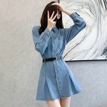 코카마니 여성 카라 핀턱 스커트 예쁜 청 데님 스티치 원피스