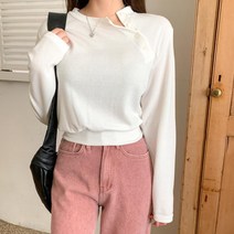 [바보사랑] 여자 사선단추 슬림 스판 무지 티셔츠[옷자락]