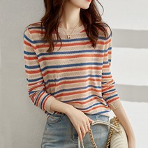 여성용 라운넥 스트라이프 긴팔 니트