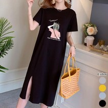 [오늘발송] 스타일아유 여성용 러블리 걸 플라워 프린팅 빅사이즈 옆트임 찰랑 롱티셔츠 캐쥬얼 홈웨어 라운드 반팔원피스[AYG6OP406A]