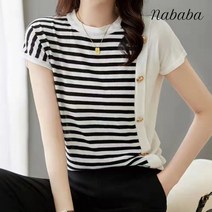나바바 NK557 여성 골드버튼 스트라이프 배색 티