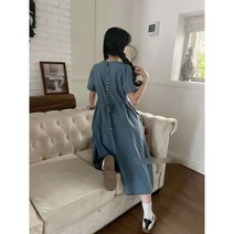 [블랙켈리] 자체제작 바로배송 로이 여자 반팔 청원피스 데님원피스 캐쥬얼 봄 여름 뒤단추 옆끈 깔끔한 단정한 꾸안꾸 퍼프소매 주름 롱원피스 연청 진청