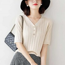 블라우스 롱 코디 망토 20대 언발 여름반팔니트 주황색 줄무늬 쿨링 여성 니트 브이넥 반팔