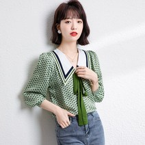 봄여름 프린트 뾰족카라 벌룬소매 빈티지 쉬폰 블라우스 여