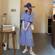 여름 라운드 단가라 5부 루즈핏 트임 롱원피스 2컬러