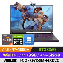 ASUS ROG STRIX G17 G713IM-HX020 고사양 배그 롤 오버워치 발로란트 로아 서든 17인치 게이밍 노트북 (R7-4800H/RTX3060), 윈도우 포함, 8GB, 512GB, 라이젠7, 이클립스 그레이