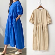 [여시몰5876국내제작]트랑 퍼프 언발 셔링 면 원피스/여름 여성 롱원피스 플레어 주름 스판 캐주얼 오피스 바캉스 휴가 박스 루즈핏