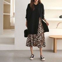 오브치치 빅사이즈 기모 원피스 도트 호피 레이어드 롱원피스 봄 가을 긴팔 큰언니 레이어드 롱스커트 이중원피스