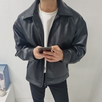 남자 오버핏 미니멀 싱글 가죽 라이더 자켓