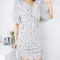 [파인스토리]브이넥 프릴 스트링 조절 셔링 도트 미디 미니 원피스