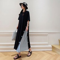 [이꾸띠] 고베흐다흐이루 여성 여름 라운드넥 2컬러 빅사이즈 루즈핏 배색 미디원피스