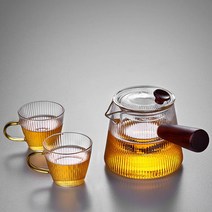 우드핸들 티포트 티팟 내열유리 차주전자 티머그 유리 차보관, 800ml 물병+2줄 손잡이 컵