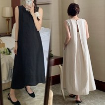 고급스러운 뒷트임 민소매 린넨 롱원피스 데일리 루즈핏 원피스 블랙 베이지