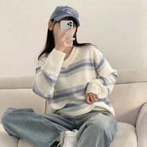 [파스텔톤/루즈핏] 꾸안꾸 포인트룩! 봄신상 믹스 단가라 스트라이프 브이넥 니트 긴팔 4color]지니단가라니트