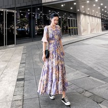 쉬폰 허리 스트링 롱원피스 봄옷 원피스 프렌치 프린트 부드러운 바람 롱 스커트 반팔