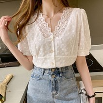 펀칭블라우스 여자 벌룬 아일렛 레이스 자수 브라우스 예쁜 빅사이즈 반팔 셔링 쉬폰 빅카라 셔츠