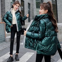 경량패딩 여성 롱 점퍼 구스다운 학생 겨울 방수 짧은 재킷 2022 광택 실버블랙그린그레이 느슨한 면 패딩 코트 스탠드 칼라 아웃웨어 파카