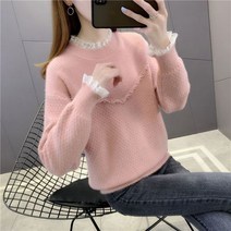 라라젤로 여자 기모 니트 티셔츠 터틀넥 스웨터 슬림핏 레이스 레이어드 Bo04