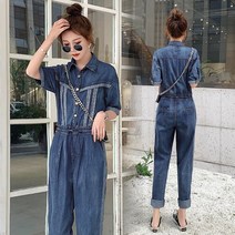 바디슈트 스타일리쉬 데님점프수트 여성 여름 전 면 셔츠칼라 미들 소매 점프슈트 구제 멜빵바지 1408480705