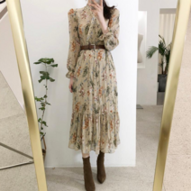 NewCare 여성 쉬폰 롱 원피스 플라워 벨트 원피스 브이넥 원피스 샤랄라 원피스