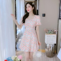 여성복 작고낮은 키 155cm여름옷 XXS XS키커보이는 플라워스커트 스퀘어카라퍼프소매 원피스