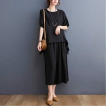 나드리 빅사이즈 언발 반팔 티셔츠 + 밴딩 와이드 팬츠 투피스 세트