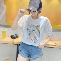 여성 큐빅 포인트 레이스 퍼프소매 반짝이 티셔츠