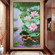 HAENGBUK 대형 보석십자수 연꽃 돈을 부르는 구어도 비단 잉어 재물운 학업운 그림 풍수, 하나, 90X160cm