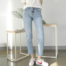 원타임 여성용 연청 워싱 허벅지 찢청 밑단컷팅 데미지 슬림 일자 데님 청바지