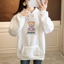 스타일아유 여성 기모 후드 곰 프린트 레터링 티셔츠 맨투맨 루즈핏 오버핏 긴팔 후드티 노마진 AYB0TS0490