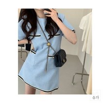 496965 여성 데일리 원피스 봄 여름 세련된 숏 기장 소매 드레스 여성용 모던 프렌치룩 스타일 루즈핏 사교계 골드