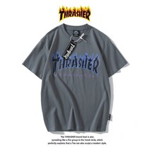 Thrasher T-shirt 트레셔 플레임 로고 여름철 순면 반팔 청색 불길-진회색